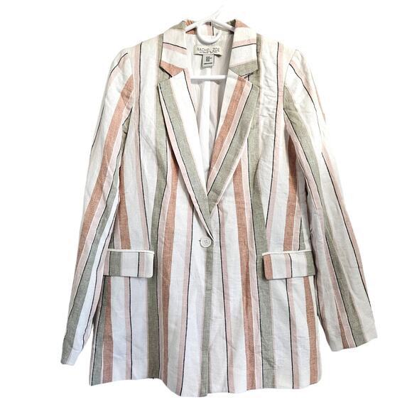 Rachel Zoe Pastel Striped Linen Oversized Padded Shoulder Blazer Jacket Size XS - Picture 2 of 8